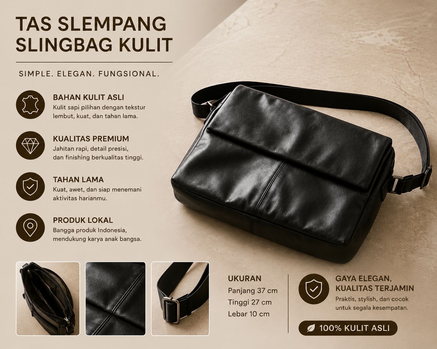TAS SLEMPANG SLINGBAG KULIT tampak depan